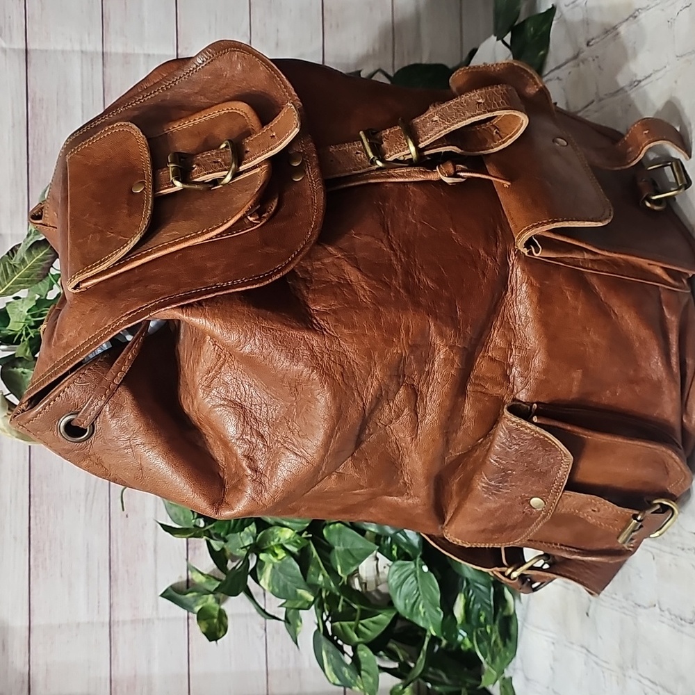 Handmade Large Leather Backpack Travel Rucksack - Picture 3 of 13